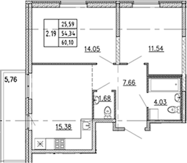 2-комнатная квартира 54.34 м², 20/22 эт., ЖК «Новые горизонты 2»